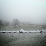 Photo d'un paysage brumeux où deux terrains sont séparés par une barrière de pics glacés