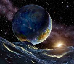 Image vue du sol lunaire de notre planète, la Terre, illuminée tout à droite par le Soleil