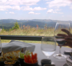 Photo d'une table de restaurant, avec une main tenant un verre à pied en premier plan, une belle vue sur une plaine fleurie et des montagnes au loin constituant l'arrière plan
