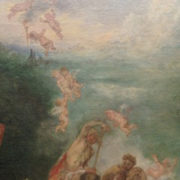 un détail du tableau de Watteau Embarquement pour CYrhère - on voit des anges qui tombent du ciel au-dessus de lamer