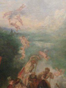 un détail du tableau de Watteau Embarquement pour CYrhère - on voit des anges qui tombent du ciel au-dessus de lamer