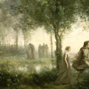 Tableau représentant Orphée, tenant sa lyre à la main et guidant Eurydice au travers d'une forêt. On aperçoit en arrière-plan un groupe de personnages se tenant debout au bord d'un étang.