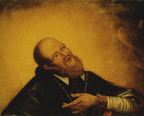 Portrait de François de Sales, les yeux levés vers les cieux et la main portée au cœur.