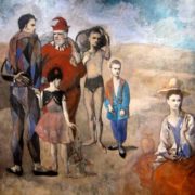 Tableau de Pablo Picasso représentant une famille de saltimbanques en tenues de scène