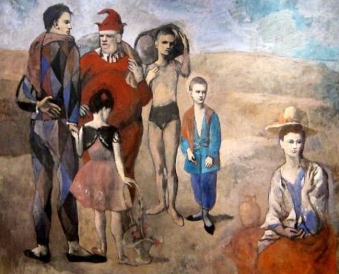 Tableau de Pablo Picasso représentant une famille de saltimbanques en tenues de scène