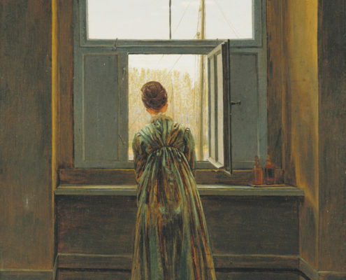 Tableau montrant une femme de dos dans l'embrasure d'une fenêtre.