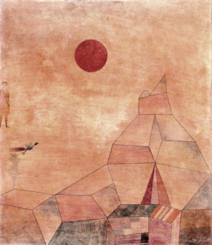 Tableau de Paul Klee représentant une montagne avec, dans le ciel, un oiseau, un ange et un soleil rouge.