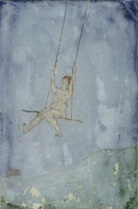 Tableau de Paul Klee représentant une femme nue sur une balançoire dans un ciel bleu et au-dessus d'une vallée verte.