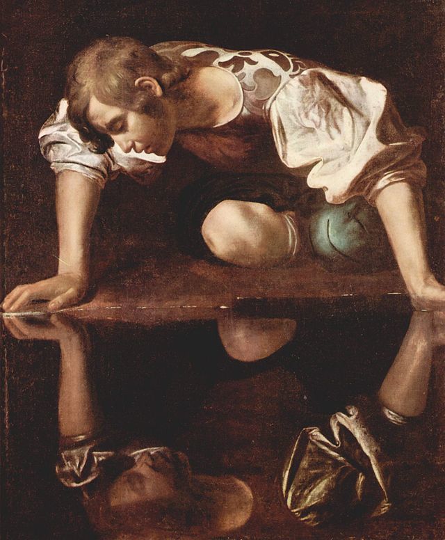 Tableau de Caravage dépeignant Narcisse contemplant son reflet