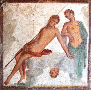 Fresque de Pompéi montrant Narcisse assis sur un rocher, avec le reflet de son visage au pied du rocher et Écho se tenant à ses côté.