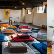 montage photo de la salle de pratique de l'École occidentale de méditation, fondée par Fabrice Midal, à Bruxelles et de sa Présidente et enseignante, Marine Manouvrier