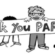 Dessin représentant quatre enfants tenant une banderole sur laquelle est inscrit : "thank you parents" (Merci les parents).