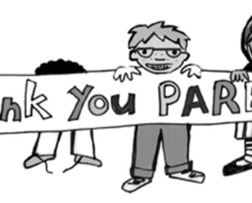 Dessin représentant quatre enfants tenant une banderole sur laquelle est inscrit : "thank you parents" (Merci les parents).