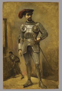 Tableau de Jean-Baptiste Camille Corot représentant un homme en armure debout portant une coiffe noire avec une plume rouge. Derrière lui, au loin, on voit un autre homme en armure au combat.