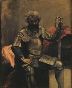 Tableau de Jean-Baptiste Camille Corot représentant un homme en armure assis devant un tissu rouge, s'appuyant sur son épée plantée au sol et le regard baissé.