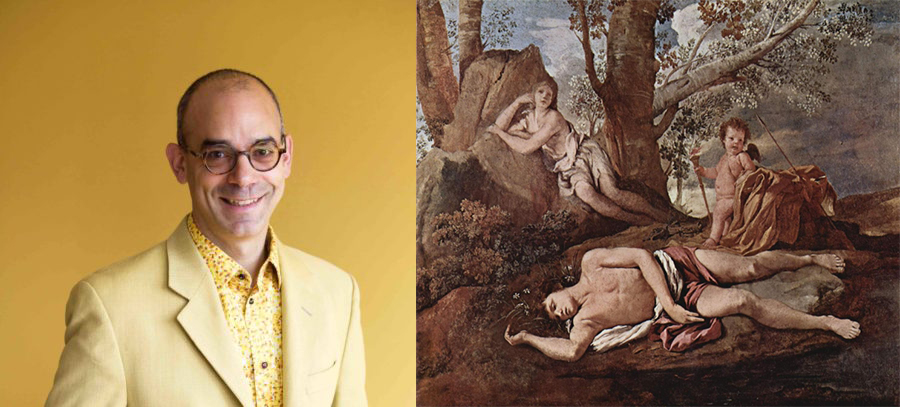 Montage photo de Fabrice Midal, fondateur de l'École occidentale de méditation et du tableau de Nicolas Poussin représentant Narcisse