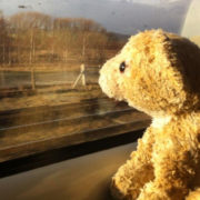 Photographie d'un ours en peluche assis dans un train et regardant par la fenêtre