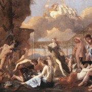 Tableau de Nicolas Poussin montrant la transformation de plusieurs personnage de la mythologie se transformant en fleur.