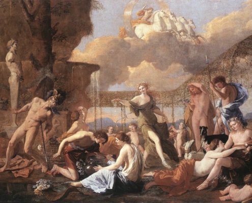 Tableau de Nicolas Poussin montrant la transformation de plusieurs personnage de la mythologie se transformant en fleur.