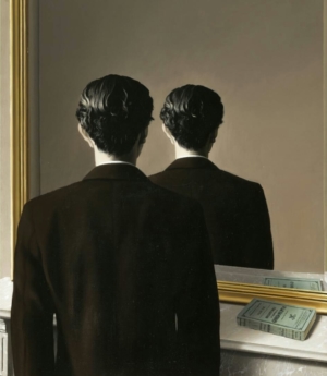 Tableau de René Magritte montrant un homme vu du dos qui, se regardant dans un miroir, se voit de dos au lieu de se voir de face.
