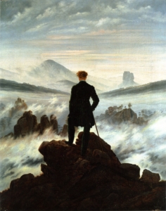 Tableau de Caspar David Friedrich montrant un homme de dos se tenant sur un rocher et contemplant une mer de nuages.
