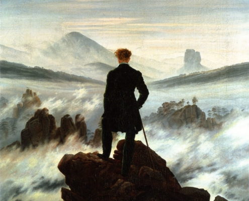 Tableau de Caspar David Friedrich montrant un homme de dos se tenant sur un rocher et contemplant une mer de nuages.