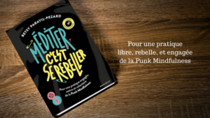 Photo de la couverture du livre "Méditer c'est se rebeller" avec à droite le texte "pour une pratique libre, rebelle et engagée de la Punk Mindfulness