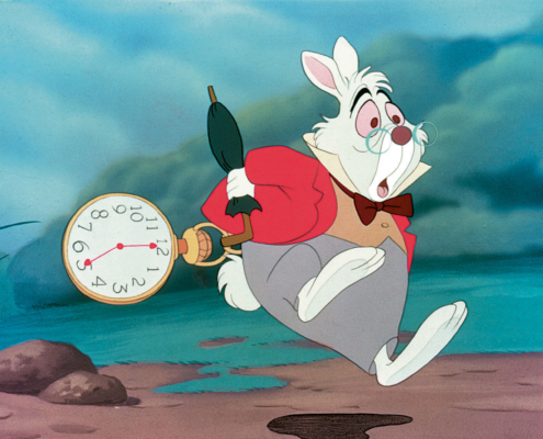 Le lapin blanc et sa montre à gousset dans Alice au pays des merveilles