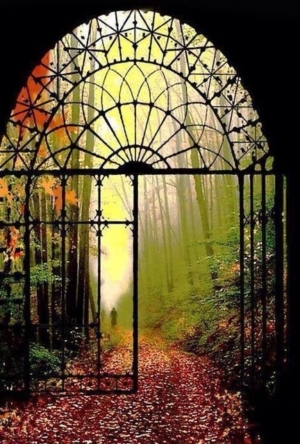 Image d'un portail forgé ouvrant sur un chemin à l'ambiance d'automne