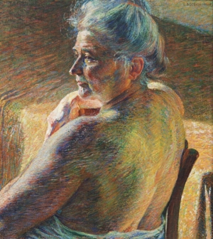 Peinture représentant une femme âgée de dos, assise, dévêtue, la tête de profil à gauche