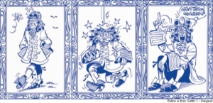 Image de trois cases de bande dessinée bleue sur fond blanc montrant Newton recevant une pomme sur la tête et découvrant la gravité