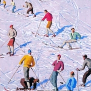 Illustration représentant un groupe de skieurs colorés sur le fond blanc du paysage enneigé