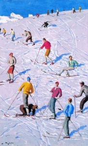 Illustration représentant un groupe de skieurs colorés sur le fond blanc du paysage enneigé