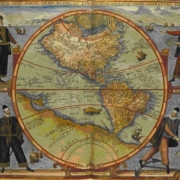 Carte d’Amérique, avec les représentations de Christophe Colomb, Amerigo Vespucci, Fernand de Magellan et Francisco Pissarro, estampe, 1566